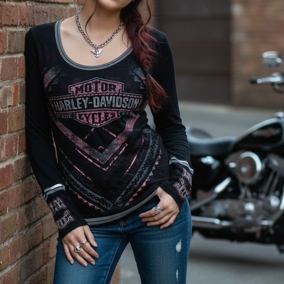 Harley Davidson Graphic Long Sleeve Top Black Pink Cyber Grunge Bikercore Y2K - Picture 1 of 5